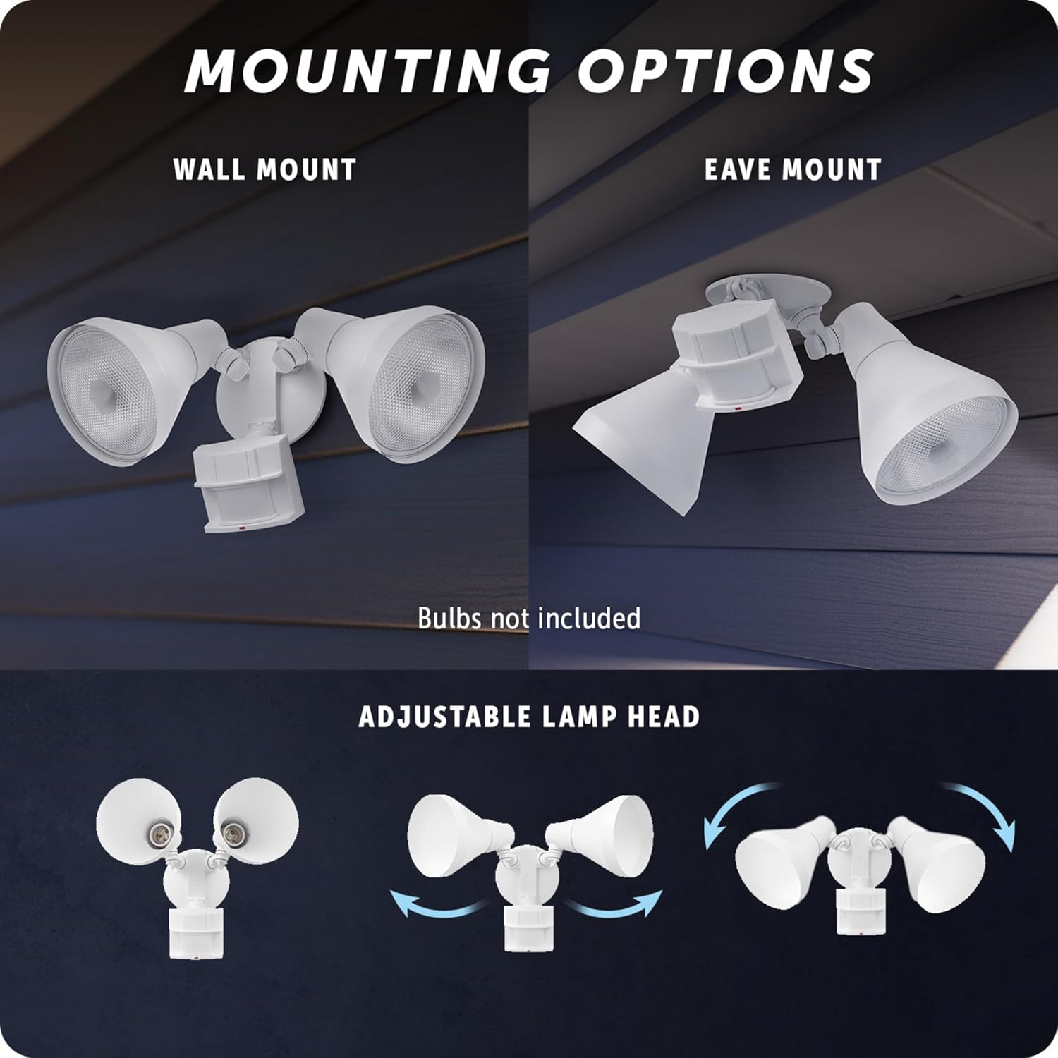 Diagram showing wall mount and eave mount options for the flood light