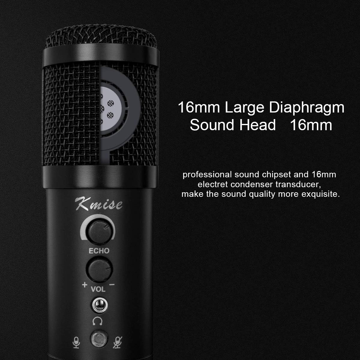 Close-up of the microphone's 16mm large diaphragm sound head.
