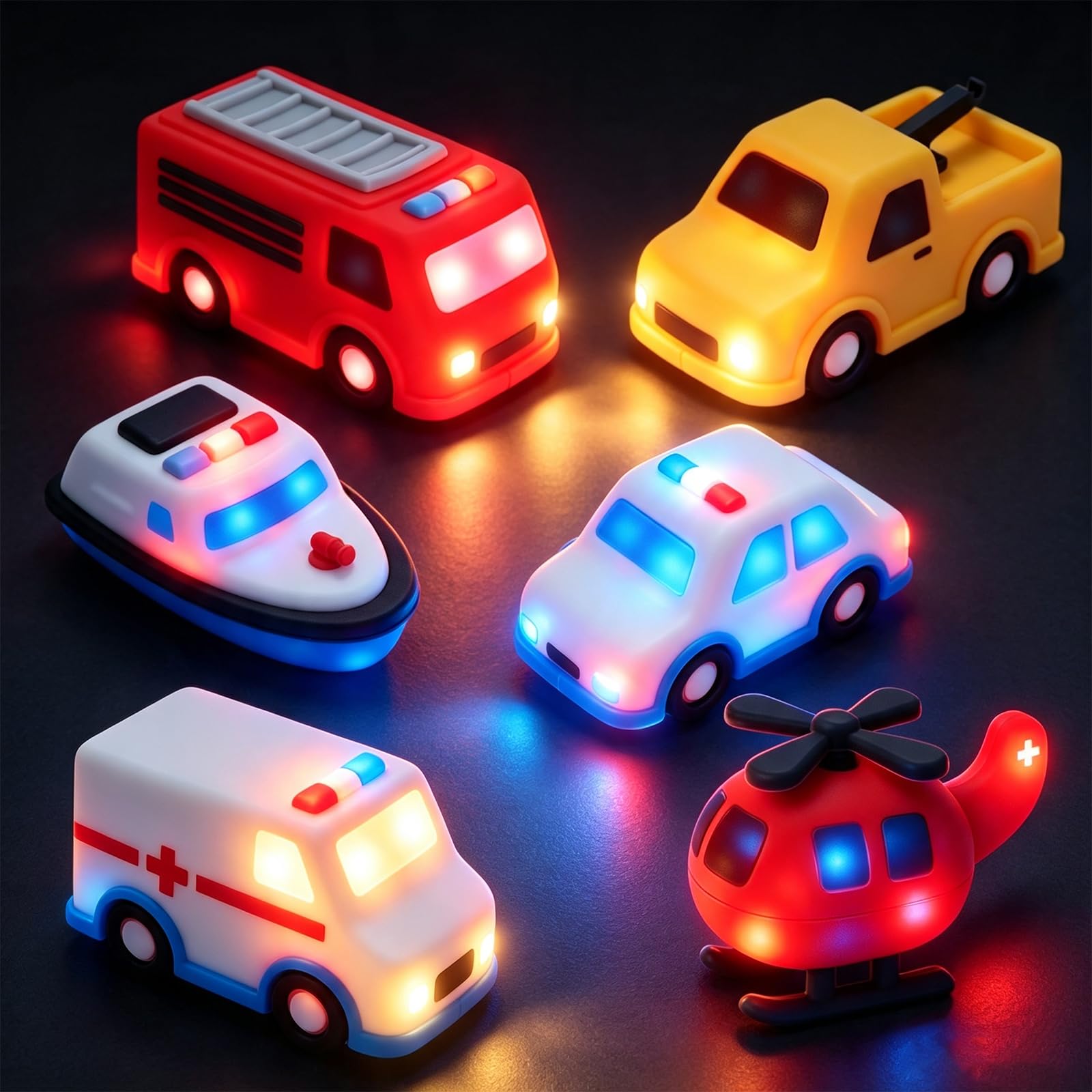 6Pcs Juguetes de Baño sin Agujero LED,Juguetes Baño Ciudad Auto con Luces | Vehículos Juguetes Baño Sin Agujeros Antimoho, para Bebés y Niños 3+ Años, Juguetes Luminosos para Bañera, Piscina y Playa