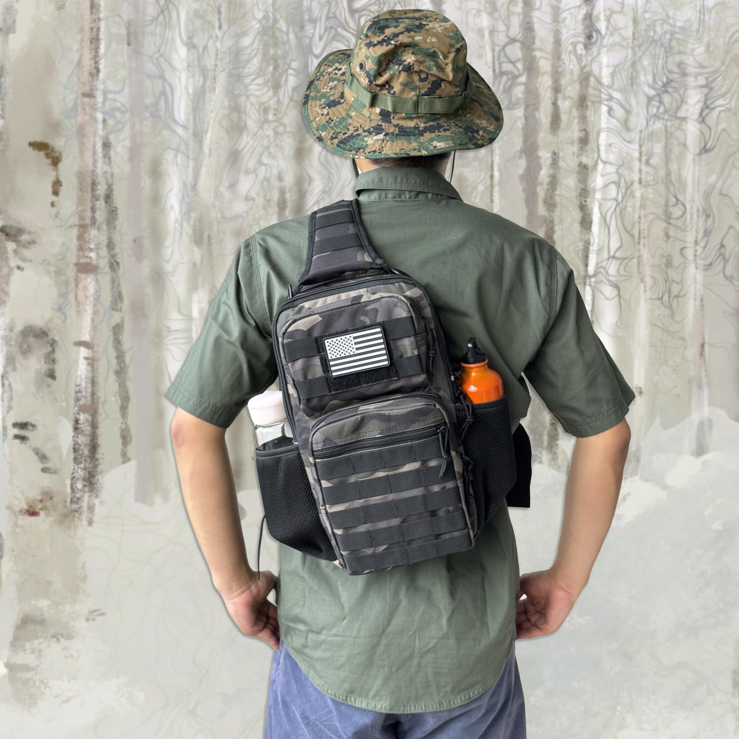 Tactical Shoulder Sling Bag, Small Chest Pack, 13L Backpack for Men Outdoor Sports, Black Camo