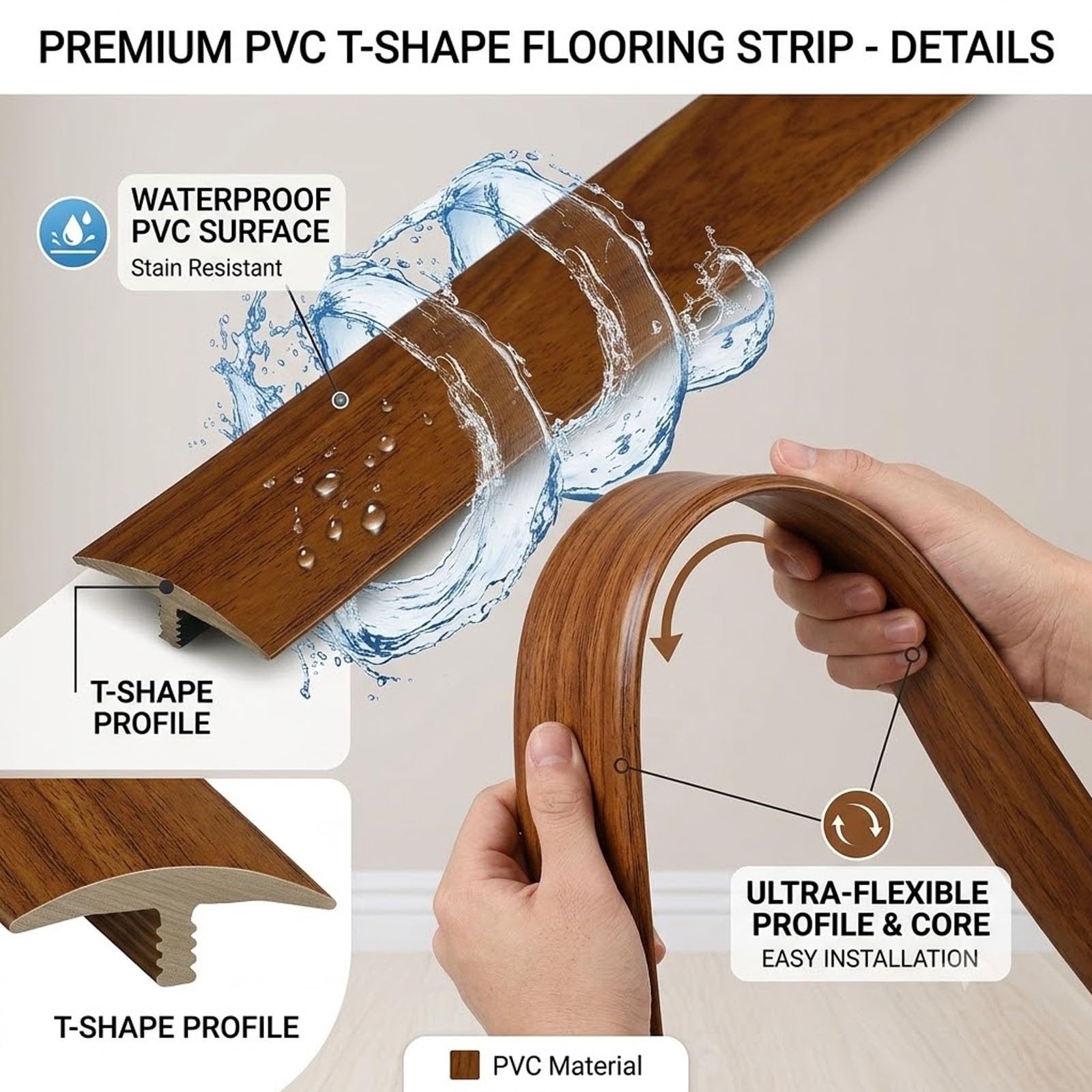 Perfil Transición Suelo en T Autoadhesivo Recortable 1 2 3 5 8 9 10m, Tira de Umbral PVC Flexible 50mm para Puertas, Tapajuntas Plano para Conectar Suelos Laminado y Azulejos