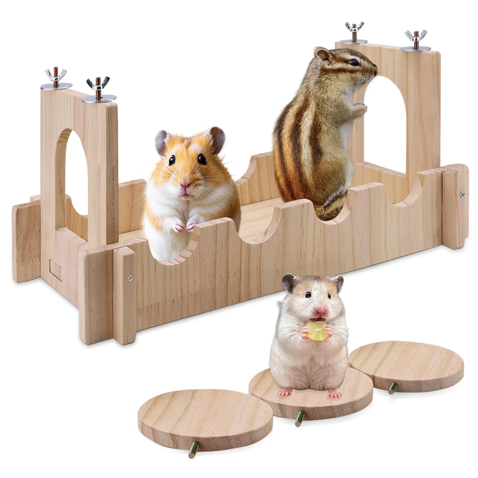Wooden Chinchilla Suspension Bridge, 16.5×7.9×7.1in Hanging Hamster Bridge with 3 Platforms, Versatile Activity Toys for Hamsters, Guinea Pigs, Rabbits, Chinchilla Cage Accessories (Natural)