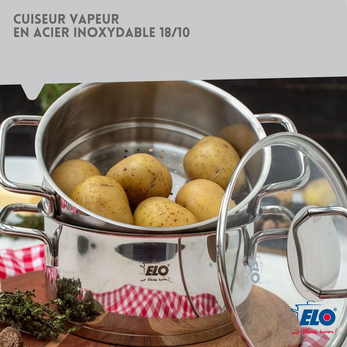 ELO 7271826 Cuiseur vapeur inox, cuit vapeur, petit à vapeur, Acier inoxydable, Verre, 18 x 9,5 cm, Gris, Argenté