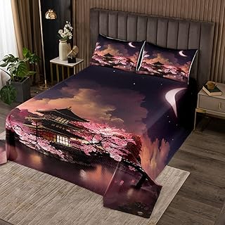 Japanese Style Bedspread Twin Size Moon Cherry Blossom Bedding Set 2pcs Romantic Night Sky Scenery Comforter Set for Kids Teens Girls Women Room Decor Exotic Pink Quilt Set,1 Pillowcase