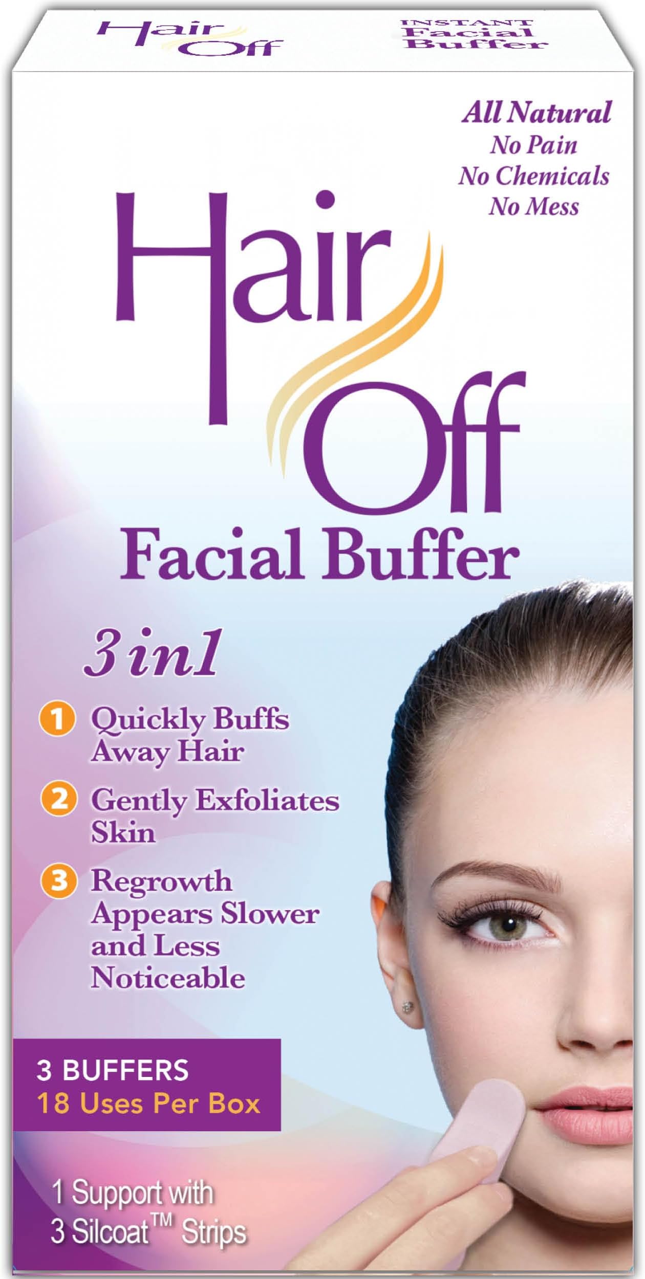 Facial Buffer - Painless & Chemical Free Facial Hair Remover & Gentle Face Exfoliator - Hair Eraser to Slow Regrowth on Chin, Lip & Cheeks (3 Buffers Per Box, Pack of 1)