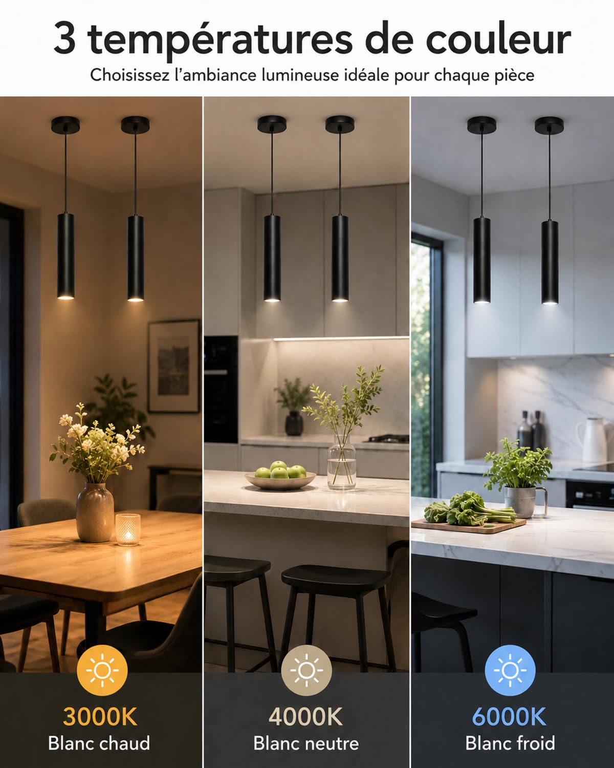 ACMHNC Suspension luminaire GU10, luminaire suspendu Noir pour Cuisine | 10W 3000/4000/6000 K, Aluminium, Hauteur Réglable 120cm, Pour Chambre ou Comptoir, Ø6 x 30 cm