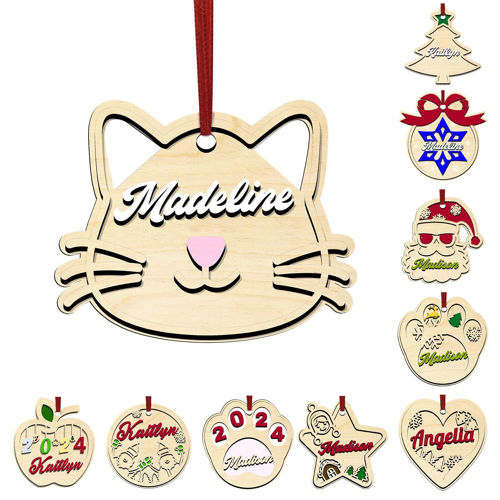 LINMQIU Adorno navideño de Madera Personalizado con Nombre, decoración para árbol de Navidad Personalizada 2024, decoración Colgante navideña, Colgantes navideños (Gato)
