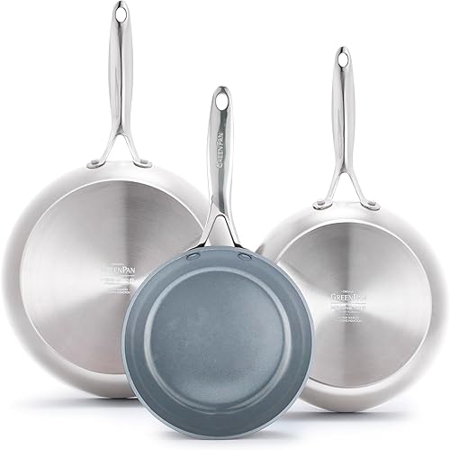 GreenPan Valencia Pro - Juego de sartenes de acero inoxidable de tres capas de 8, 10 y 12 pulgadas, revestimiento antiadherente de cerámica sin