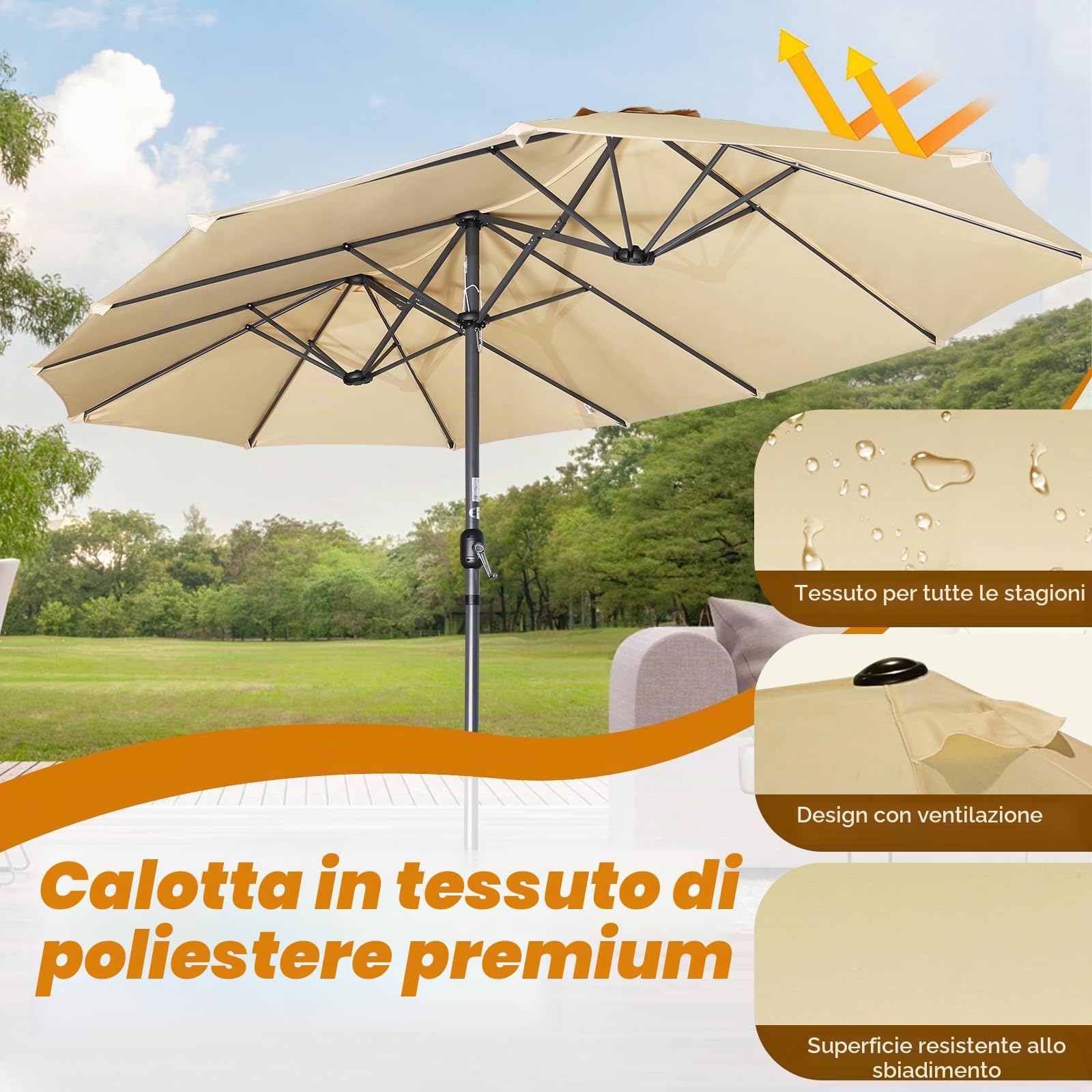 Angel Living Ombrellone da Giardino Doppio, Parasole in Tessuto di Poliestere, Ombrellone Gigante per Giardino, Patio e Terraza, Protezione Solare UV, 4.6 x 2.7 x 2.4 m (Beige)