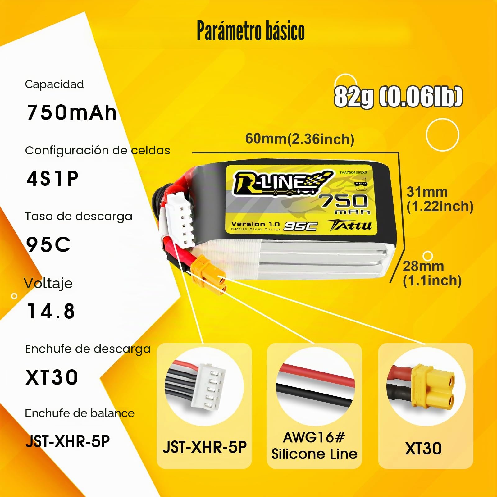 TATTU 4S 750mAh 14.8V 95C 4S1P Lipo batería con conector XT30 para cuadricóptero FPV Racing 100 180 tamaño