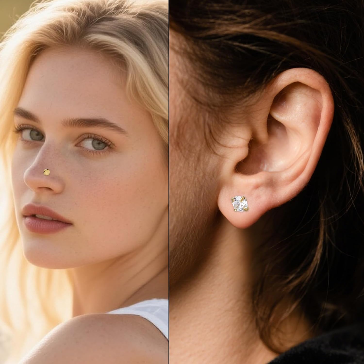 Mikovivi 21pcs Nose Rings & Ear Studs Set, Stainless Steel Nose Piercing Jewelry with Cubic Zirconia and Rhinestones L Shape Straight Curved Studs for Women & Men