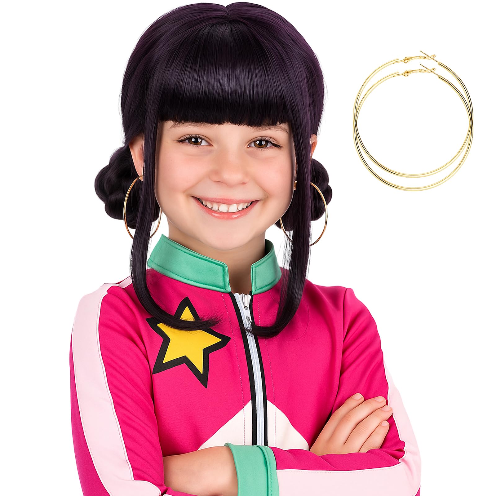 morvally Short Black Purple Wig with 2 Buns Anime Cosplay Synthetic Hair Wigs for Halloween Costume Party (Black Purple, Small Head)