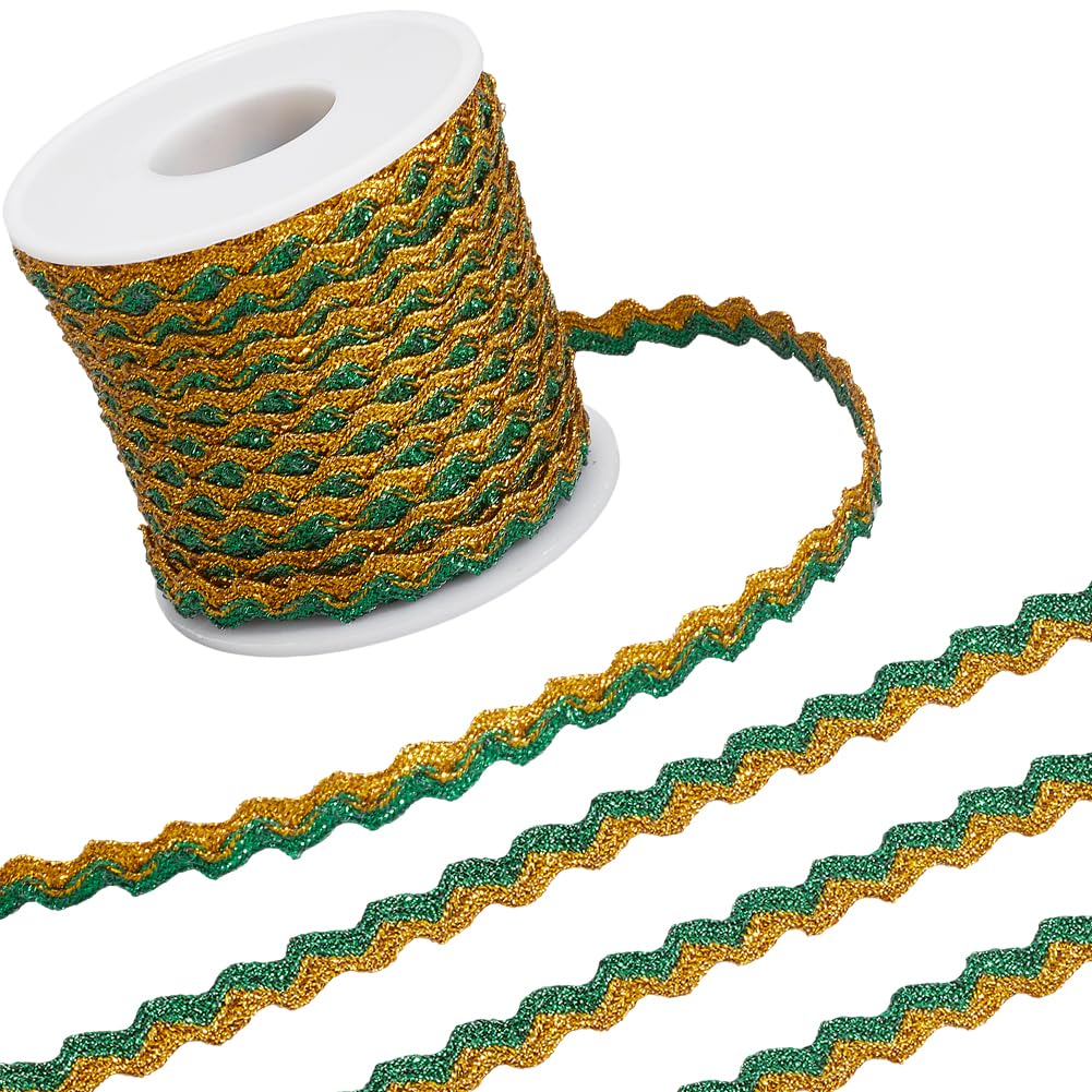 GORGECRAFT 17m 7mm Metallic Rick Rack Trim Two Tone Wavy Ribbon Dark Green Gold Wave Bending Fringe Trim RIC Rac Zig Zag Lace Edging Webbing Braid Ribbon for DIY Crafts Jewellery Making Gift Wrapping