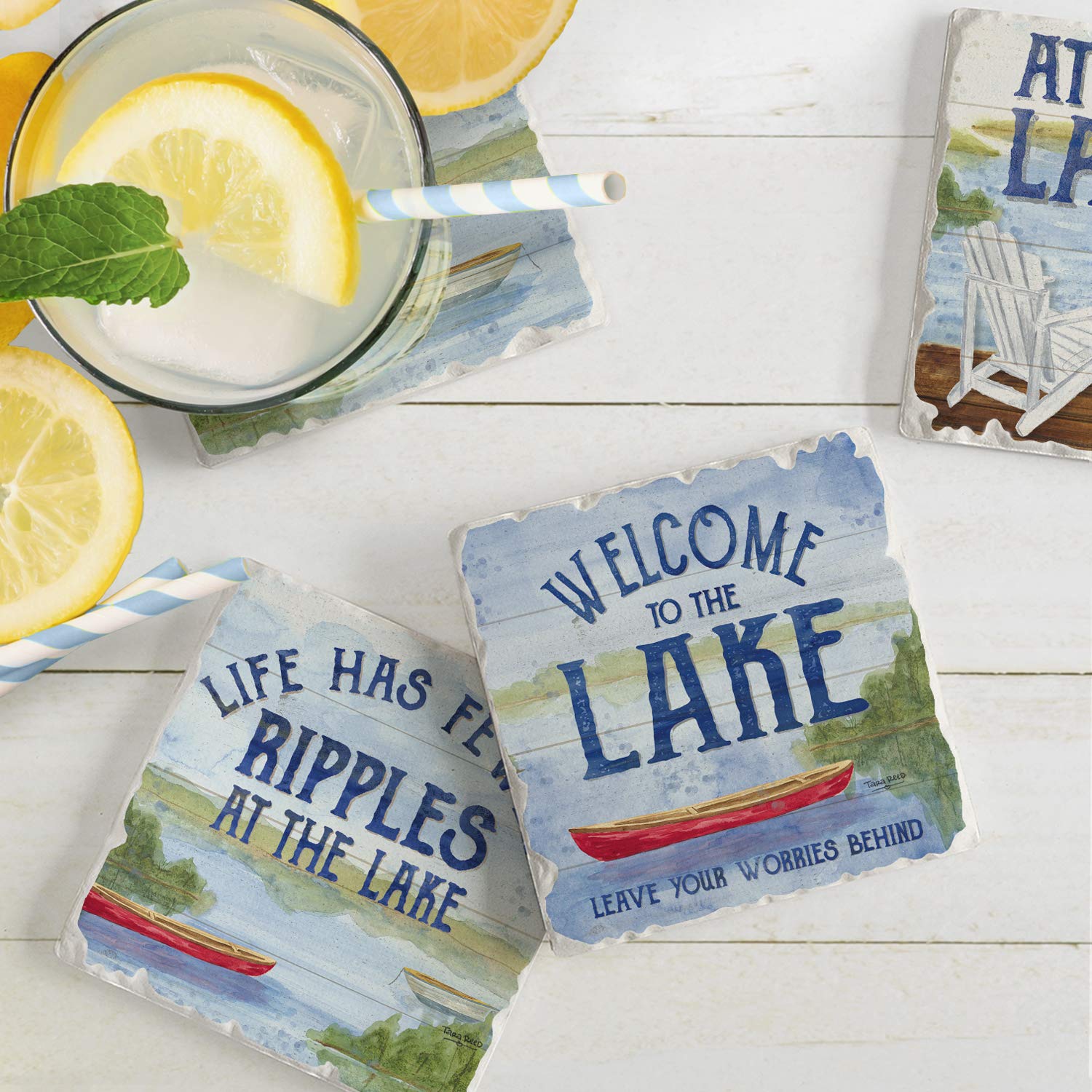Thirstystone Lake House Greetings 4-Pack Assorted Tumbled Tile Stone Coasters Manufactured in The USA 4