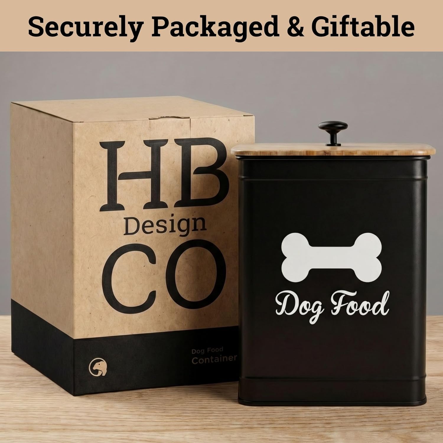 Dog Food Container Airtight 5-7 lb (25 Cup) Capacity - Cute Airtight Dog Food Storage Container with Bamboo Lid & Sturdy Metal Handle - Black Metal Kibble Storage Bin for Dogs up to 50 lbs - Pet Jar