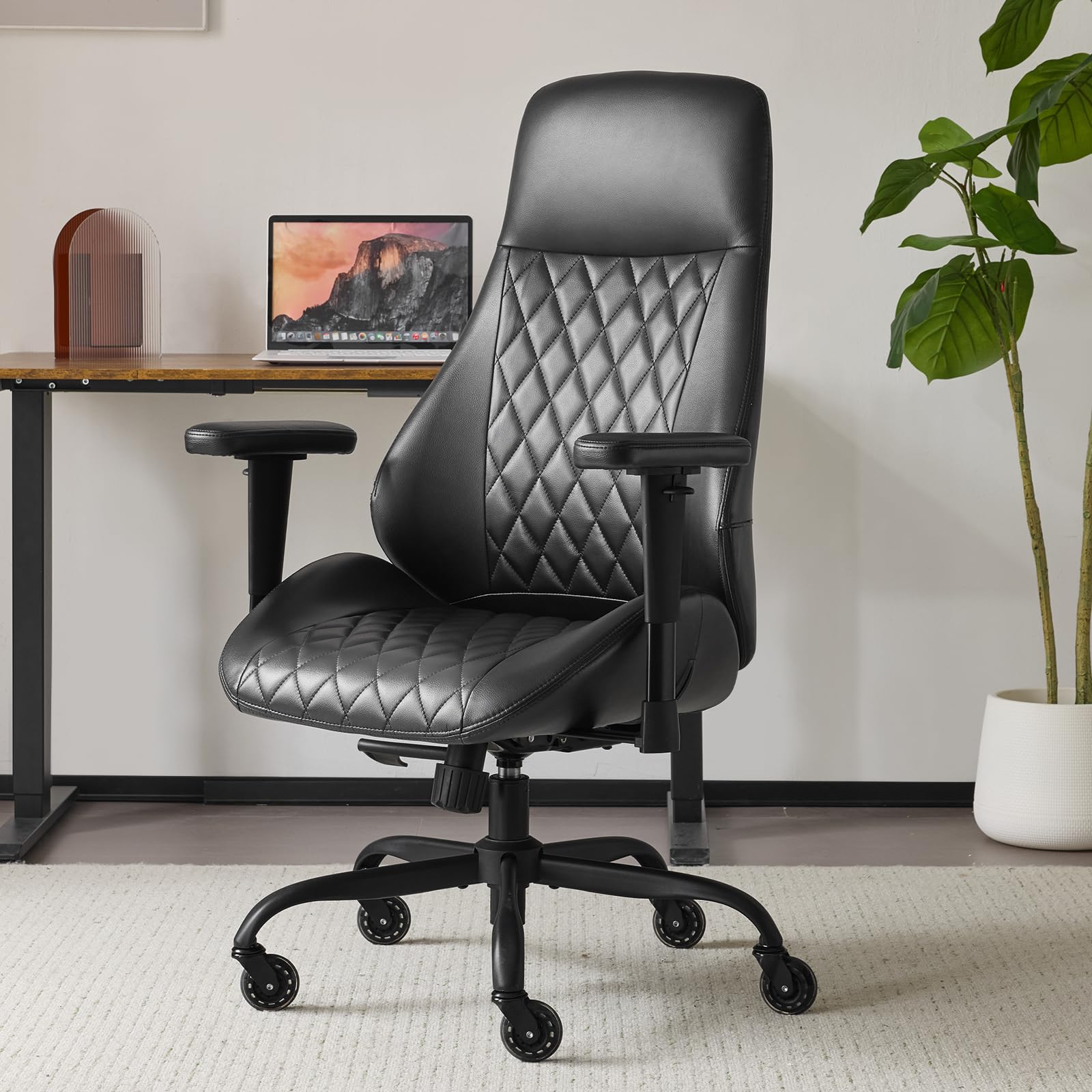 YFO Home Office Desk Chair High Back Office Rubber Chair Casters Ergonomic Computer Chair with Lumbar Support Adjustable Height Rolling Swivel Chair Executive Task Armrests Chair， Black PU