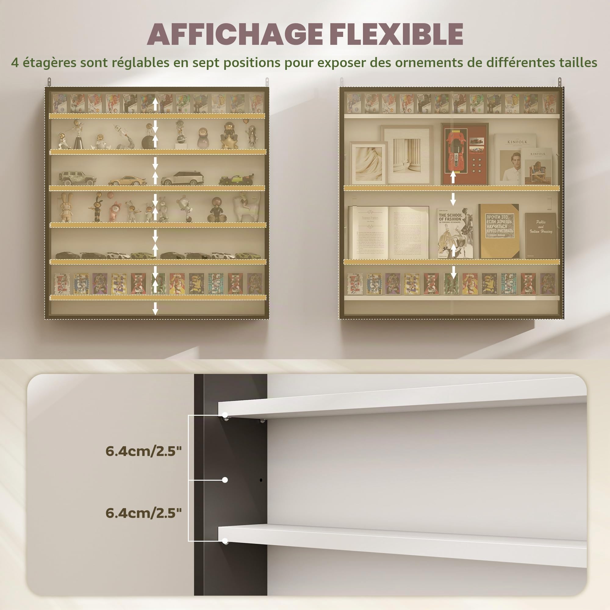 HOMCOM Vitrine Murale avec 6 étagères réglables, vitrine pour collectionneurs, vitrine Murale pour Objets de Collection, Verre et Panneau de Particules, 80x9.5x83 cm, Noir et Blanc