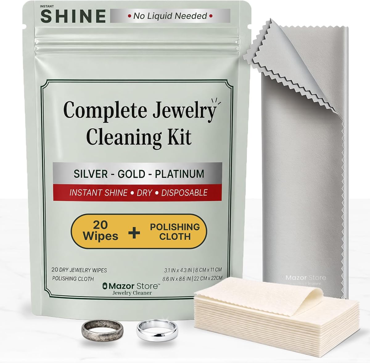 Silver Jewelry Cleaner Wipes + Large Polishing Cloth Kit | 20 Tarnish Remover Dry Disposable Wipes | Instant Shine, No Rinse | Restore Brilliance for Silver, Gold & Platinum Jewelry, Silverware & Watches