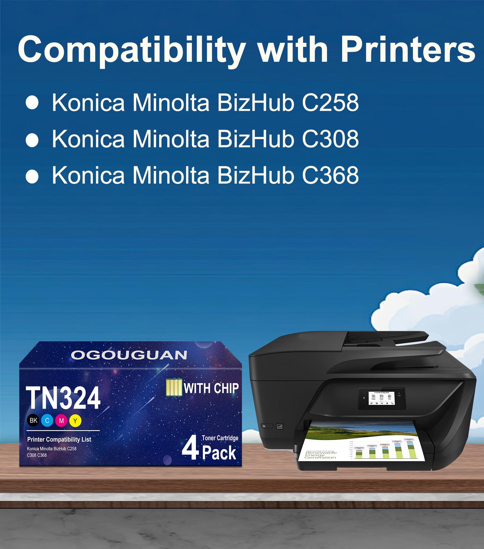 Cartuccia di ricambio TN-324, compatibile con i modelli Konica Minolta BizHub TN324K, TN324C, TN324M e TN324Y, nonché con i modelli C258, C308 e C368 (confezione da 4)