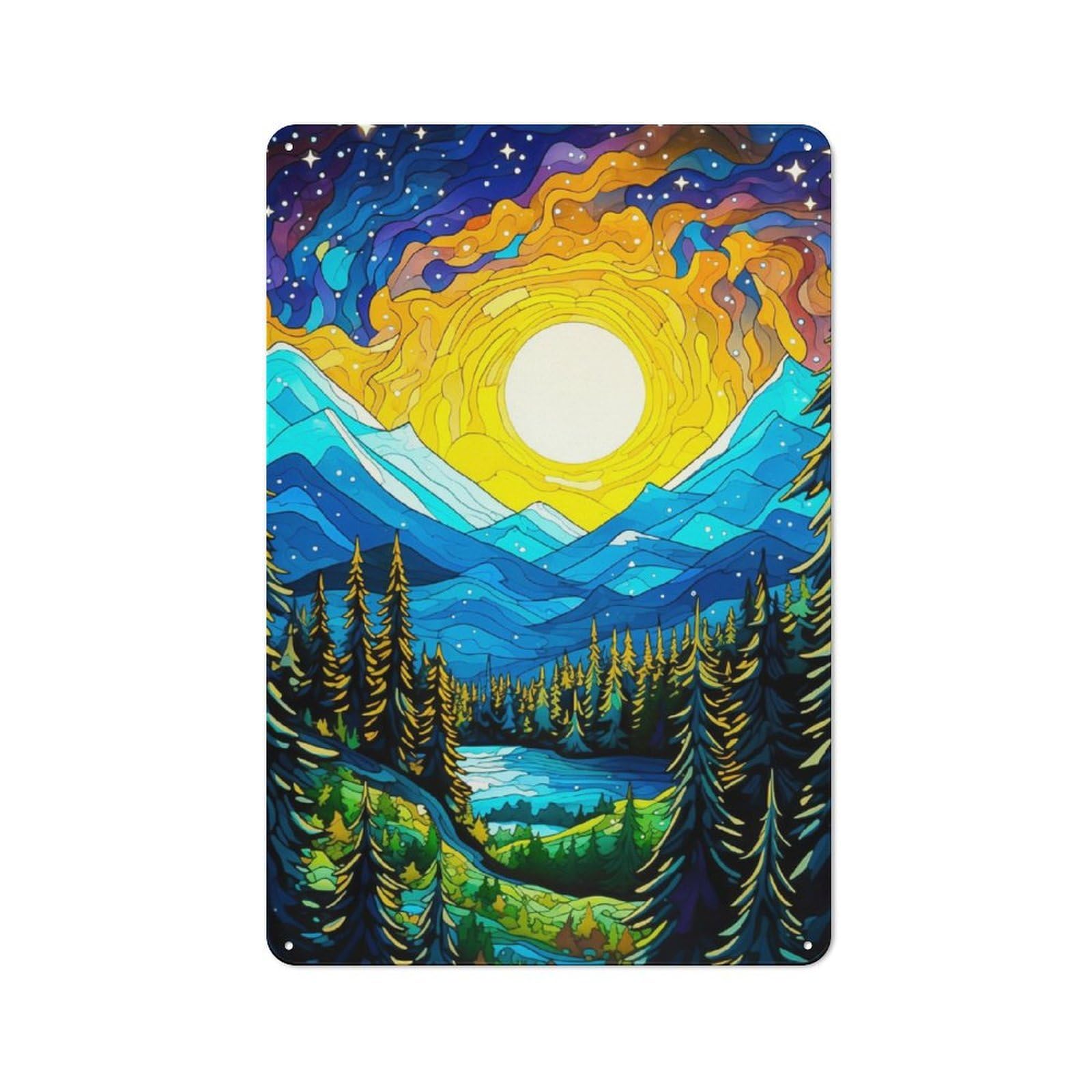 Junmoney Mountain Sunset Landscape Tin Wall Plaque 30X20cm With For Bar Or Restaurant, Suited To Bar Decor Enthusiasts