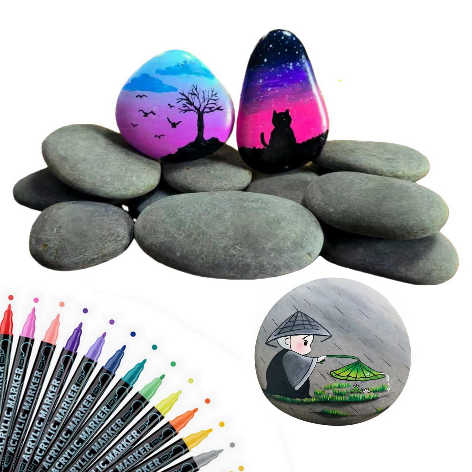 30x River Rocks for Painting, Flat Smooth Rock to Paint, Painting Rocks, Natural Slate Grey Pebbles Stones for Arts Crafting, with 12pcs Color Markers Pen (Bulk 30pcs 2-3 inch Medium Size)