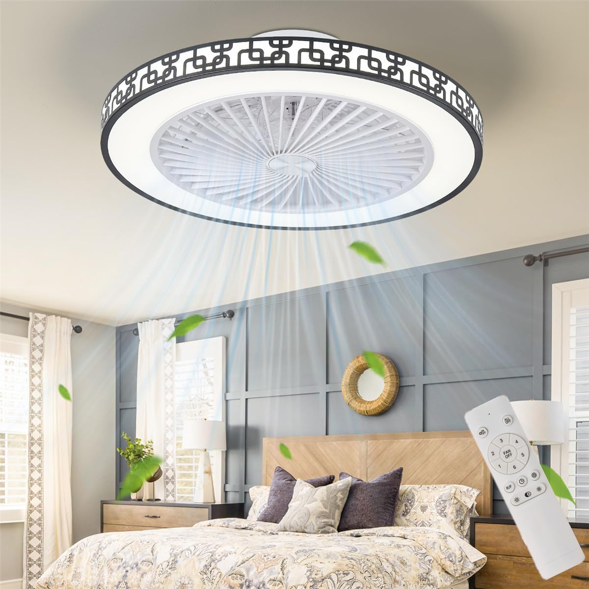 TYDOJK Ceiling Fan with Lights and Remote, 20in Reversible 6 Speeds Dimmable 3 Colors Enclosed Ceiling Fan Light, Stepless Dimming Low Profile Flush Mount Smart Timing Fan Chandelier
