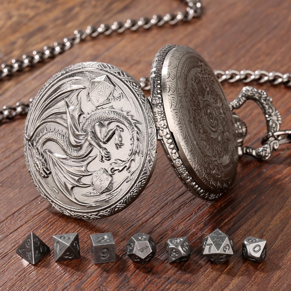 Mini DND Dice Set including Steampunk Winged Flying Dragon Pocket Watch Shell Case, 7pcs Polyhedral Metal Dice Set - Image 4