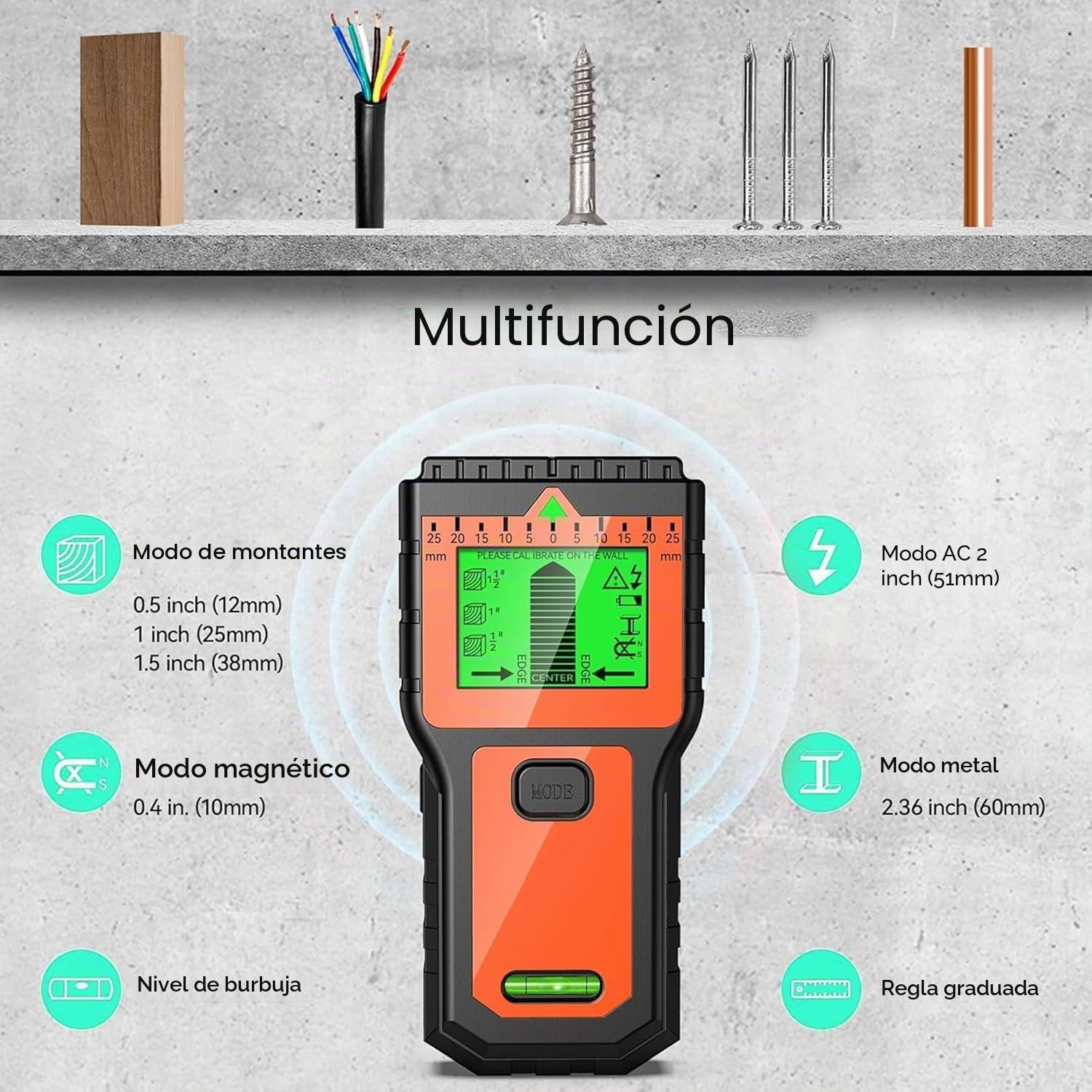Detector cables y tuberias con pantalla LCD y alarma sonora – Escáner de pared multifunción para madera, metal y cables eléctricos (Naranja) (Naranja)