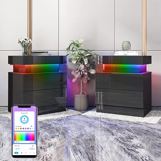 Smart RGB LED Nightstands Set of 2, High Gloss Bedside