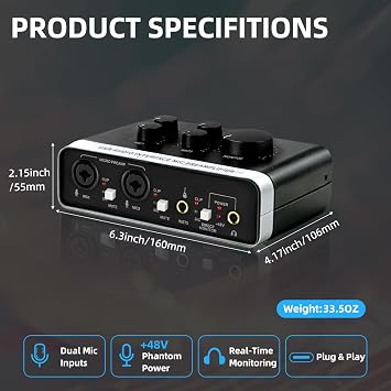 USB Audio Interface, 48V Phantom Power & XLR/TRS Combo Input, Computer Recording with Direct Monitor & Echo Knob, 16bit/48kHz, Plug & Play USB C for PC/Mac/iOS, for Guitar, Vocal, Karaoke RXSKERTL
