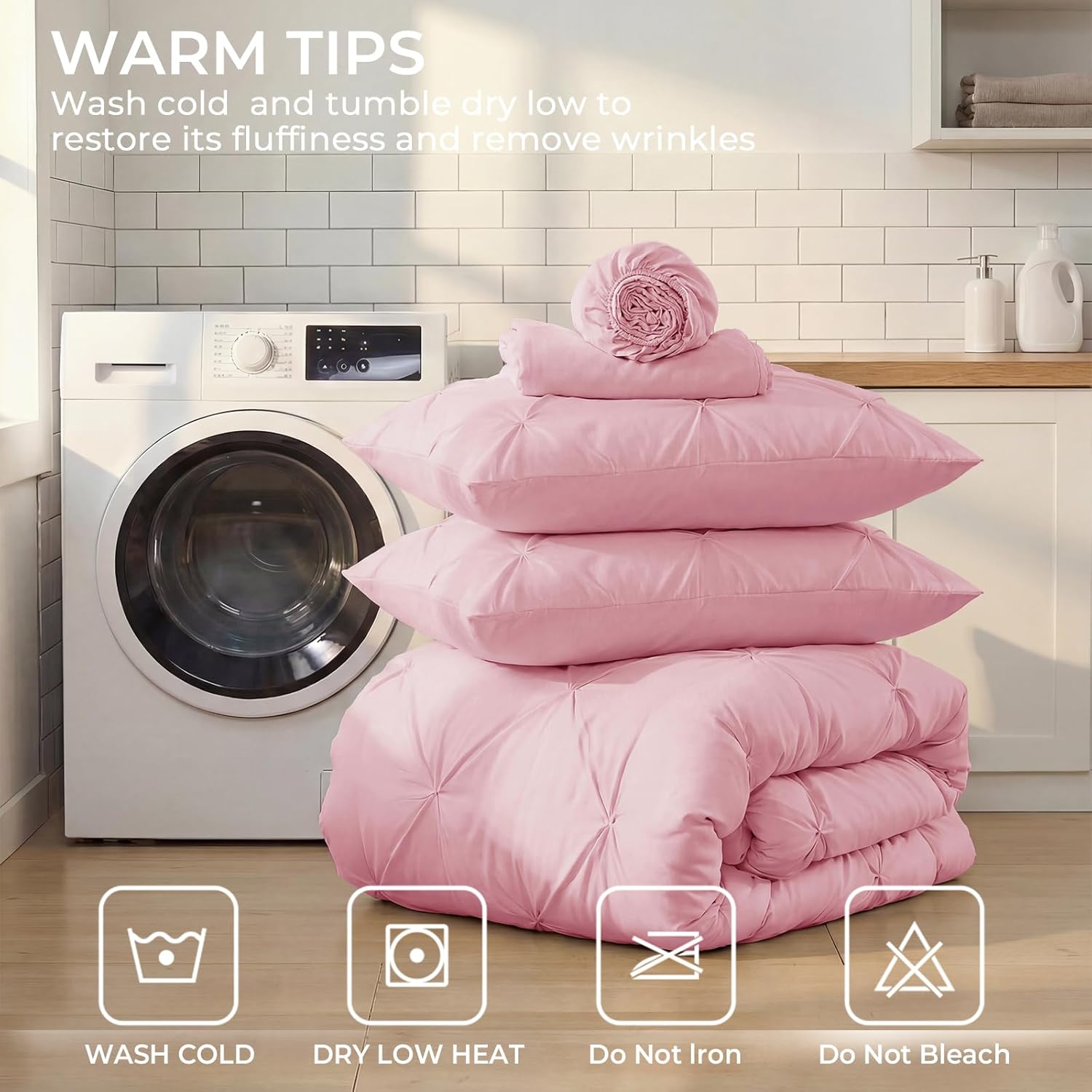 Sasttie Twin Comforter Set, 5-Piece Bed in a Bag, Pintuck Bedding Sets for All Season, Includes Comforter, Flat Sheet, Fitted Sheet, Pillowcase and Pillowsham, Baby Pink - Image 7