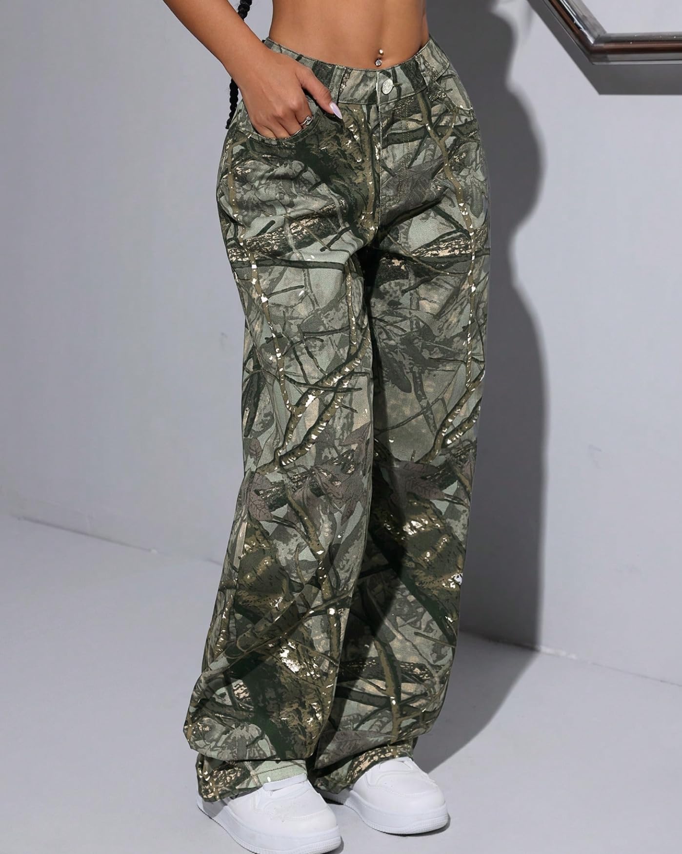 EZAPINE Cargohose für Damen, Camouflage, niedrige Taille, weites Bein, Jeans, schmale Passform, Sweatpants mit Taschen