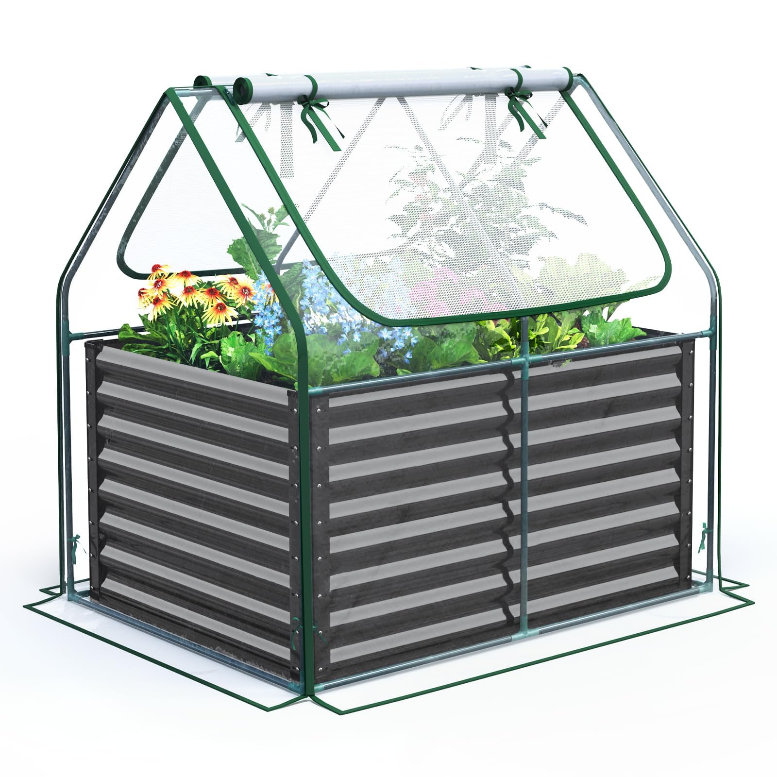 Quictent Galvanized Metal Raised Garden Bed with Mini Greenhouse Cover, 3-in-1 Large Planter Box for Gardens, Backyards & Patios, 4x3ft