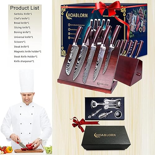Miniatura 8 de ChefHoablorn MK01 - Juego de cuchillos profesionales de 15 piezas, diseño de soporte doble para cuchillos, juego completo de cuchillos de hoja de