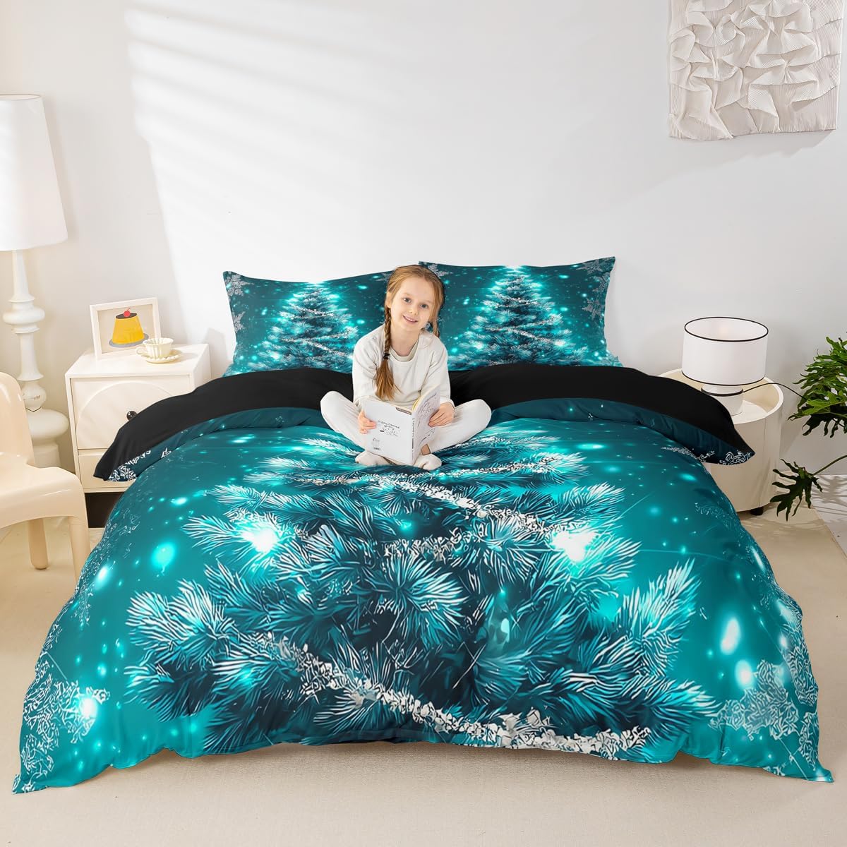 Blue Christmas Tree Duvet Cover Queen Size White Snowflake Bedding Set for Boys Girls Kids Merry Christmas Comforter Cover Christmas Themed Bedspread Cover 3 Piece Happy New Year Gifts Xmas Bedding
