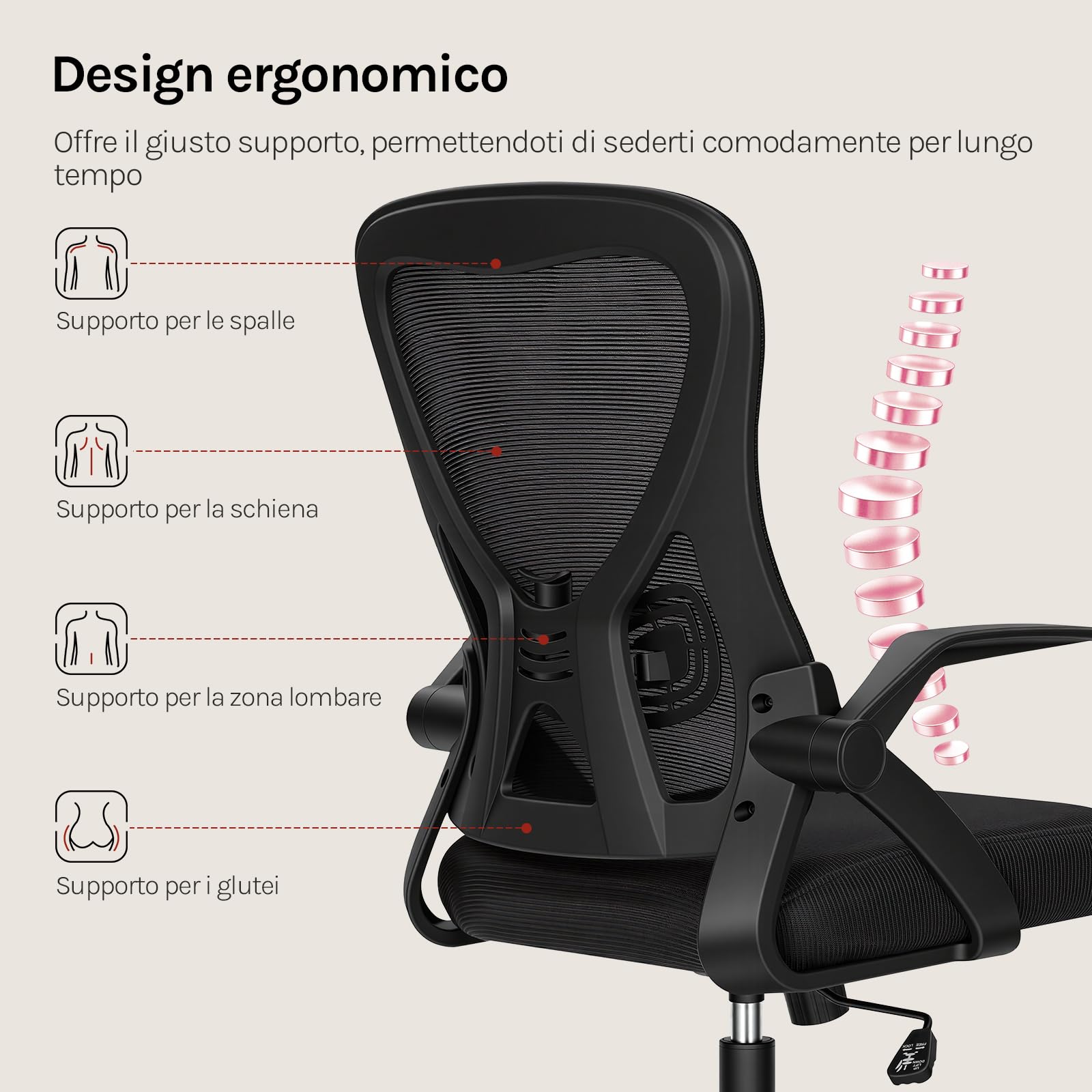 WOLTU Sedia da Ufficio Ergonomica con Supporto Lombare e Ruote, Altezza e Braccioli Regolabili, Sedia Scrivania con Funzione Oscillante e Girevole 360°, in Tessuto a Rete, per Studio o Ufficio, Nero