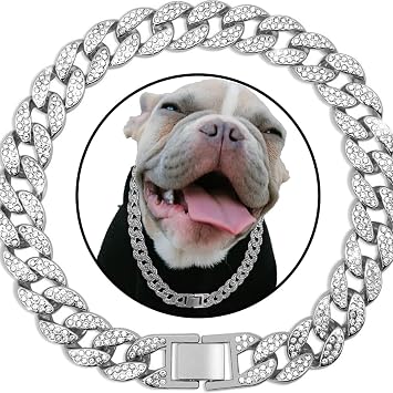 Dog Chain Diamond Cuban Collar Walking Metal Chain Collar, Pet Cuban Collar Jewelry Accessories for Small Medium Large Dogs Cats,Silver,16inch 40cm