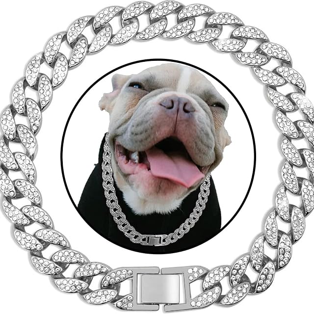 XYHAOAI Collar Cubano de Diamantes con Cadena para Perro, Collar de Cadena de Metal para Caminar