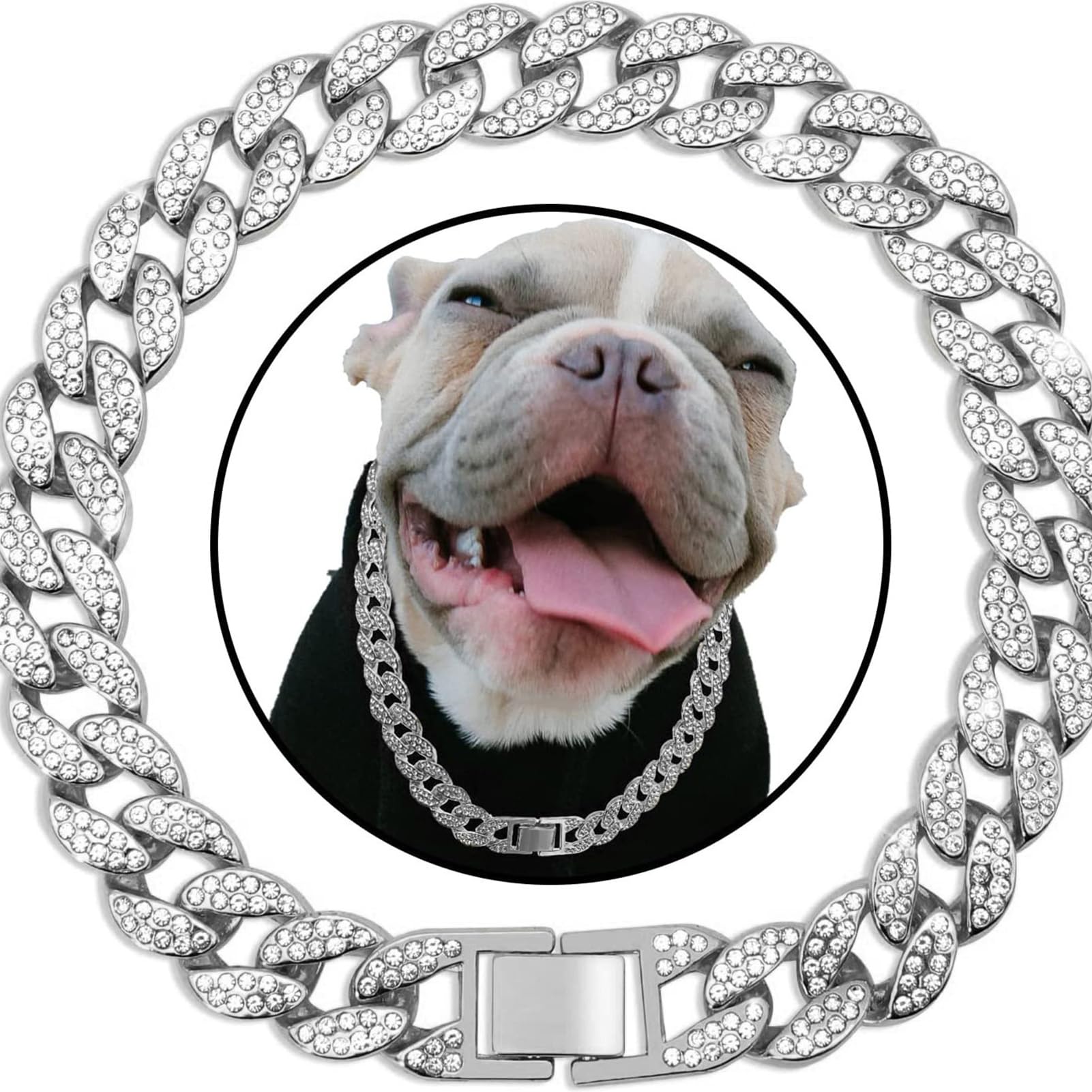 XYHAOAI Dog Chain Silver Cuban Collars, Diamond Cuban Collar Walking Metal Chain Collar with Design Secure Buckle, for Small Medium Large Dogs Cats,Silver,20inch 50cm