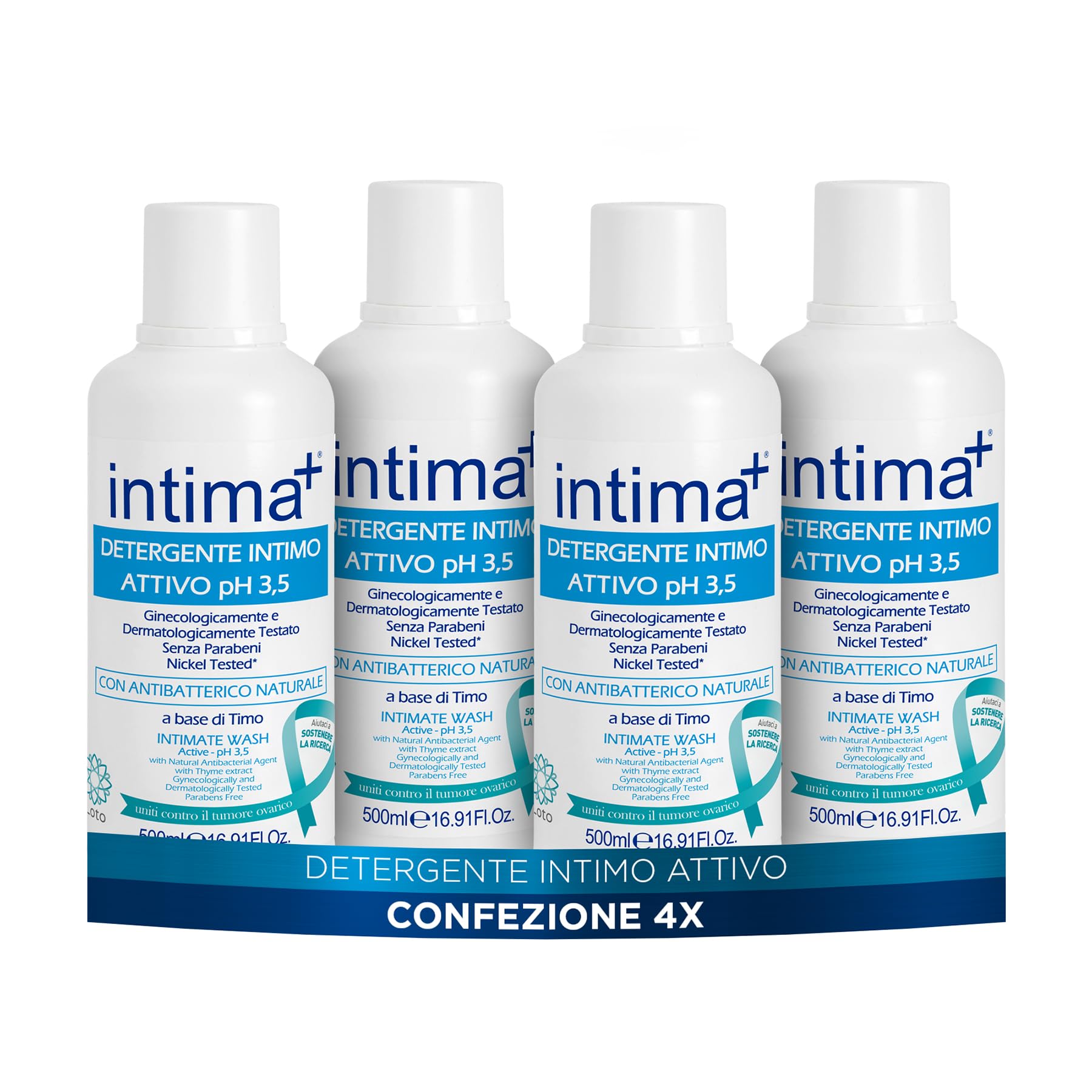 Intima+ | Detergente Intimo Attivo pH 3.5 con Antibatterico Naturale, a Base di Timo, 4 x 500ml