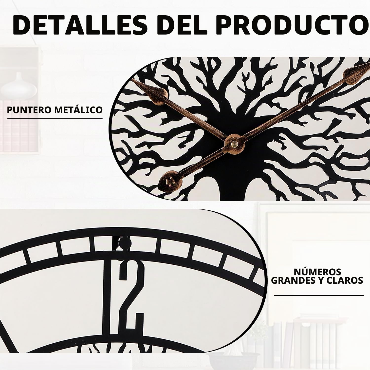 Gran Árbol de la Vida Reloj de Pared de Metal Negro Grande, Decoración del Hogar Sala de Estar con Números Silencioso Moderno de Medio Siglo
