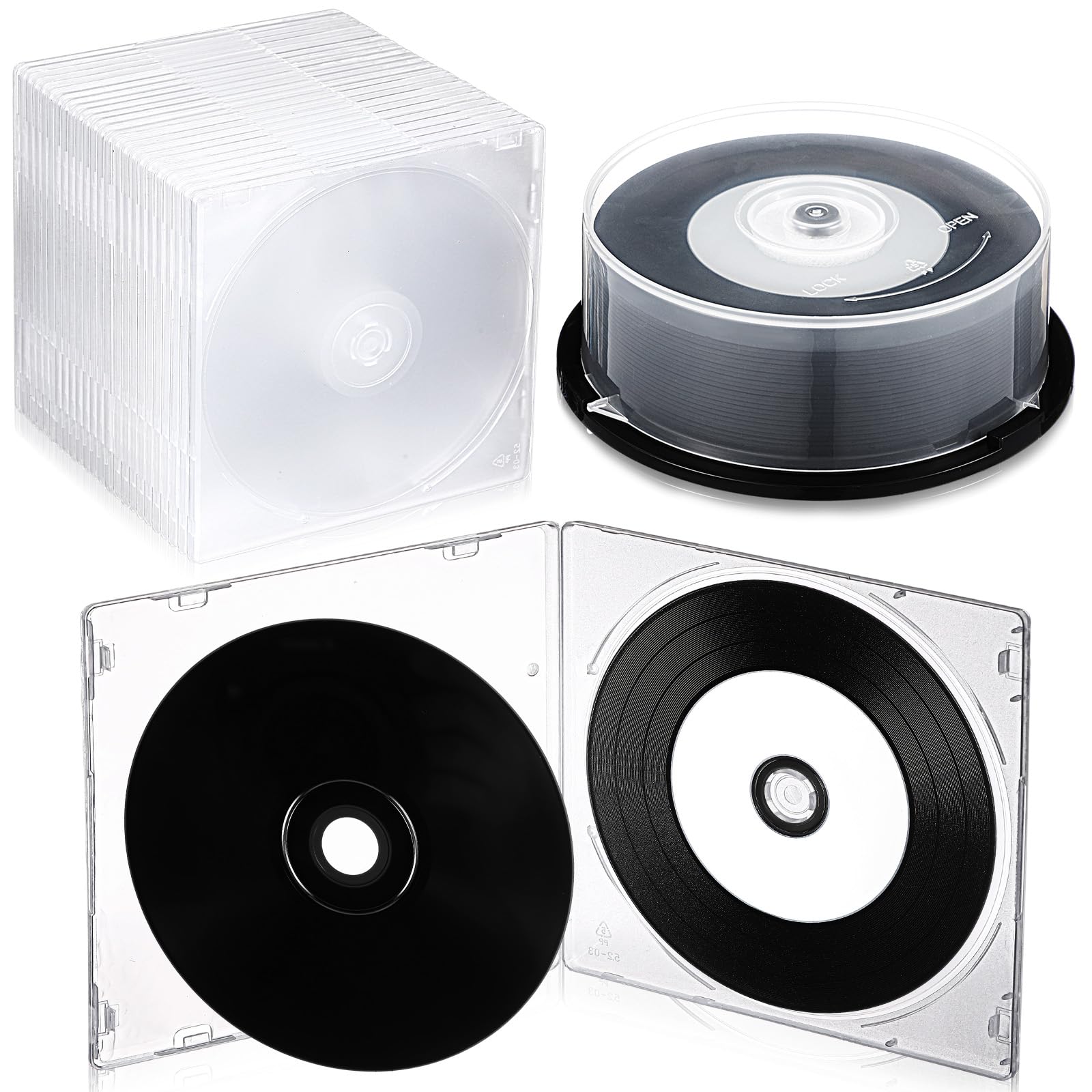 25 dischi CD-R vuoti con 25 custodie trasparenti Jewel da 700 MB, 80 minuti, 52x, registrabili, con centro stampabile a getto d'inchiostro bianco e superficie di registrazione nera, disco CD