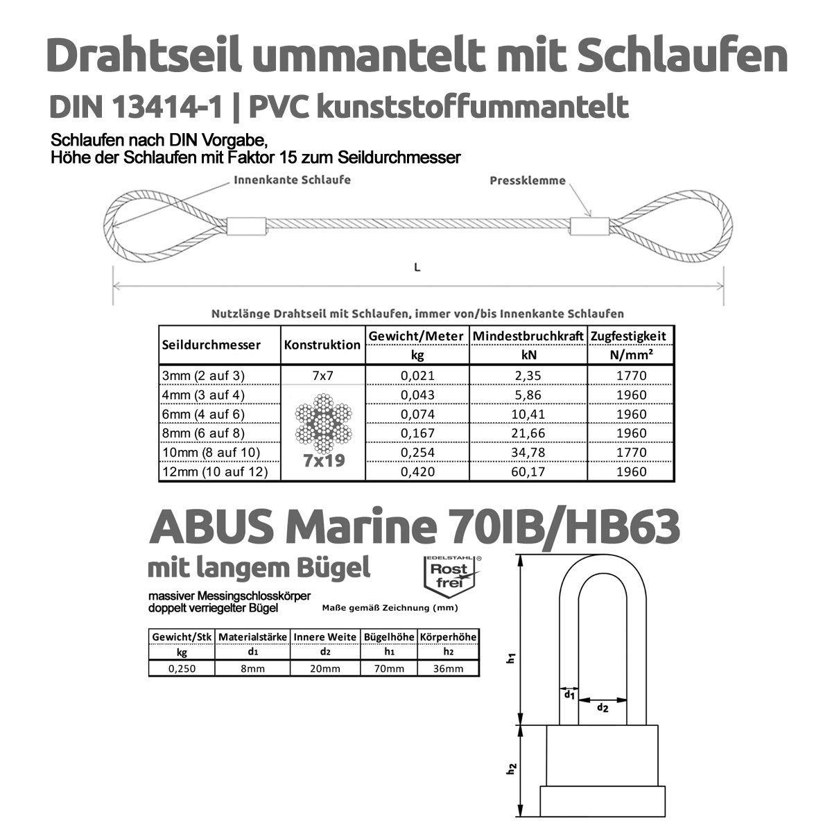 Câble à passants, câble en acier avec cadenas ABUS [1 m – 50 m] – Câble à passants, câble antivol | Épaisseur : 6 mm (4 sur 6) | Longueur : 50 m