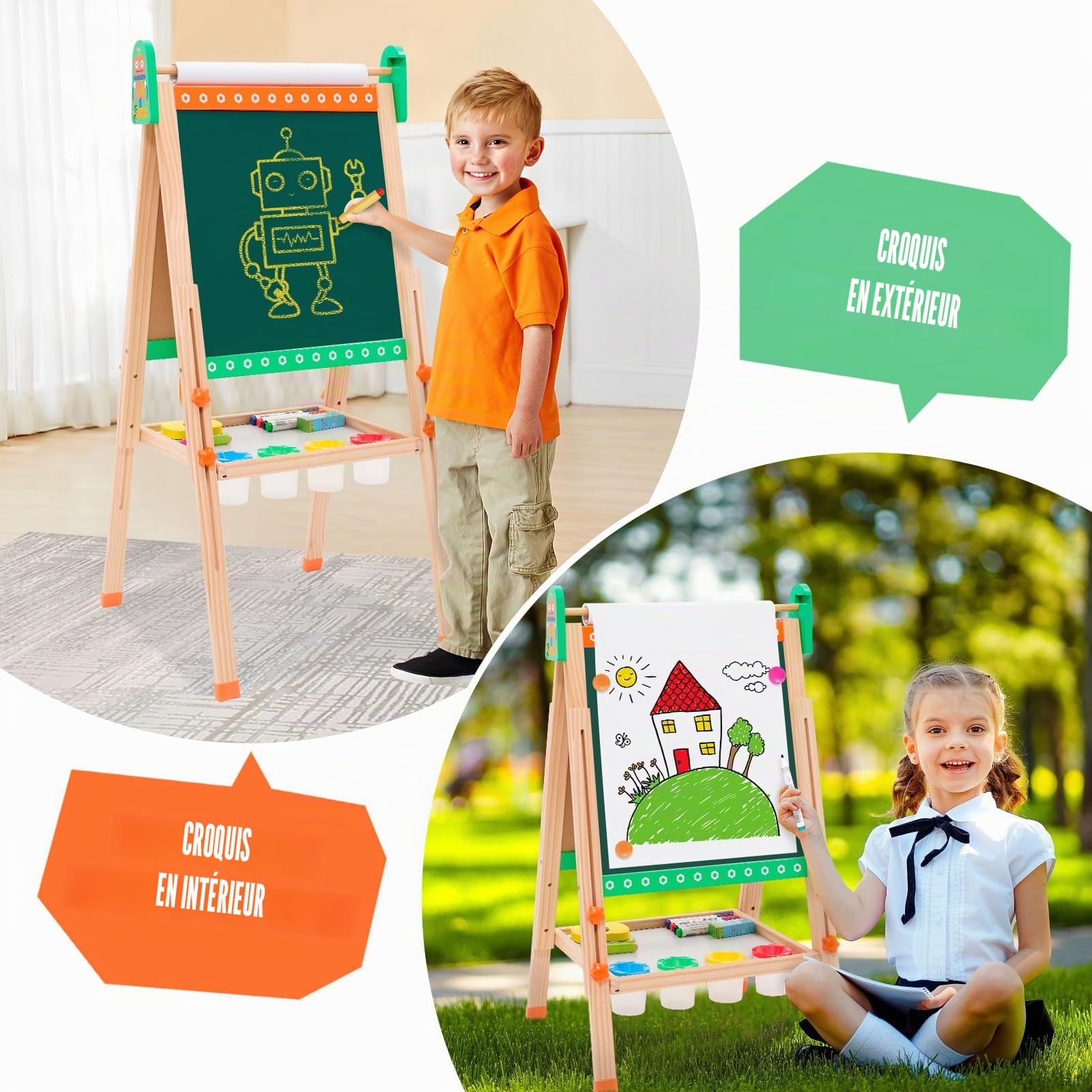 Chevalet Peinture Enfant Tableau Double Face Tableau Blanc et Noir en Bois et Hauteur Réglable avec Rouleau de Papier,Convient aux Filles et aux Garçons âgés de 3 à 8 Ans (Vert)