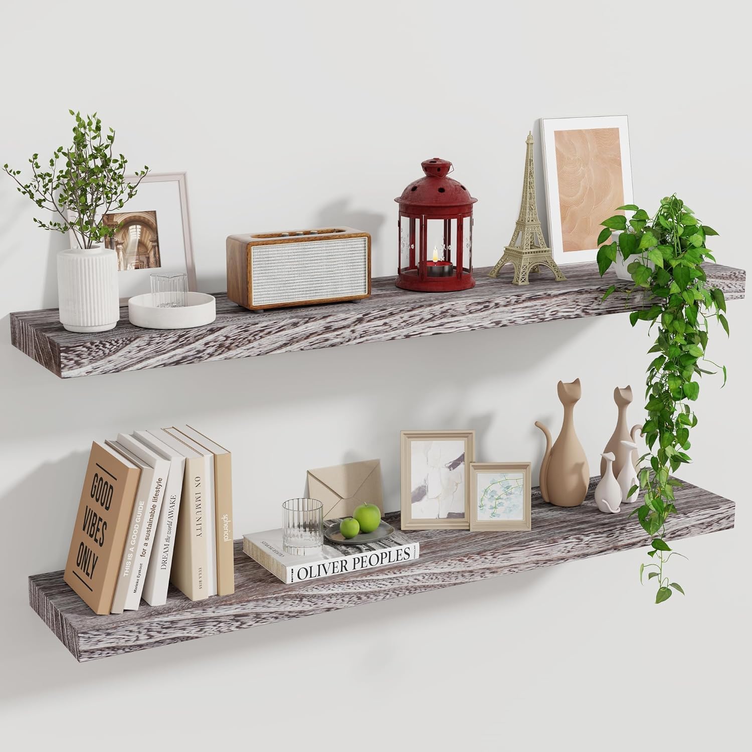 Marsmiles Wood Floating Shelves for Wall Set of 2, 36 Inch Wide Rustic Wooden Floating Shelves, Invisible Wall Mounted Display for Living Room Bedroom Kitchen Bathroom Office, Weathered 36Inch, Set of 2, (1-2/5"H) Weathered