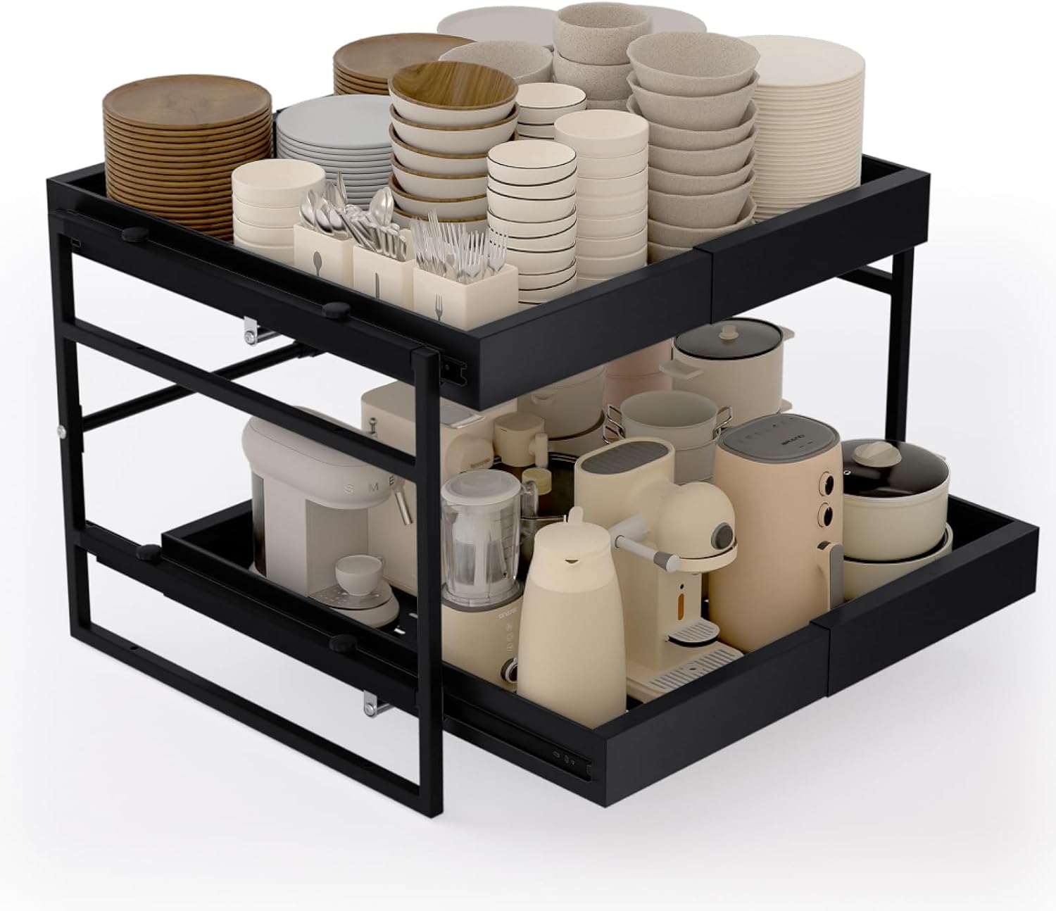 2 Tier 21'' Deep Pull Out Cabinet Organizer Expandable Width (14'' to 23'') Pull Out Drawers for Framed Cabinets, Heavy-Duty Slide Out Organizers and Storage for Kitchen Pantry, Basement, Garage Black