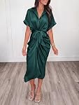 BTFBM Femmes Bouton Down Robes de chemise ruche Satin manches courtes Lapel V Col d'été Maxi Robe 2026 Fêtes Invité de mariage