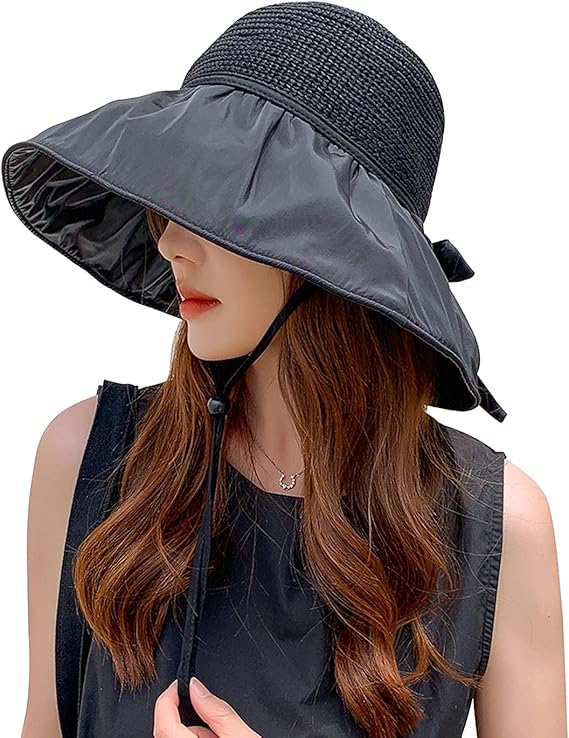 Amazon レディース 日よけ帽子 ハット Uvカット Upf50 麦わら帽子 ストローハット つば広 帽子 黒いコーティング Uv帽 アウトドア帽子 キャップ 日焼け防止 紫外線対策 あご紐付き リボン 折りたたみ可能 レディースハット 小顔効果 フリーサイズ ブラック ハット 通販