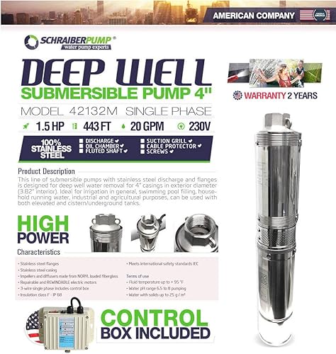 Miniatura 3 de SCHRAIBERPUMP BOMBA DE POZO PROFUNDO SUMERSIBLE DE 4" 1.5HP 230v 443FT 21GPM wcaja de control 2 años de garantía - DESCARGA DE ACERO INOXIDABLE,