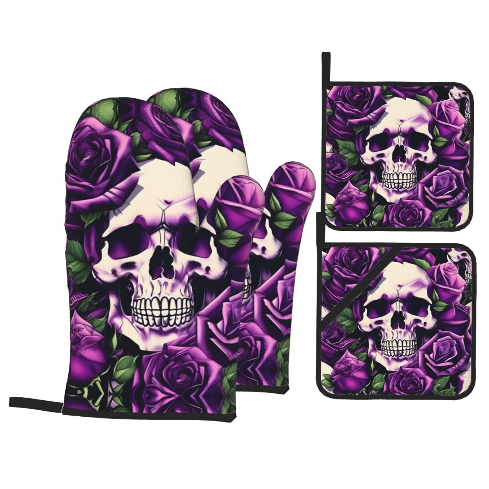 many Purple Rose Skull Print Oven Microwaving Waterproof Kitchen Gloves for Baking Grilling Holiday Cooking